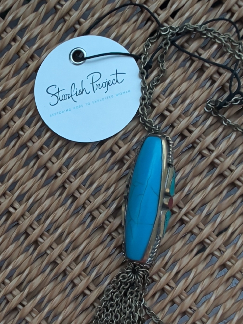 Teal Stone Pendant Necklace with Tassel